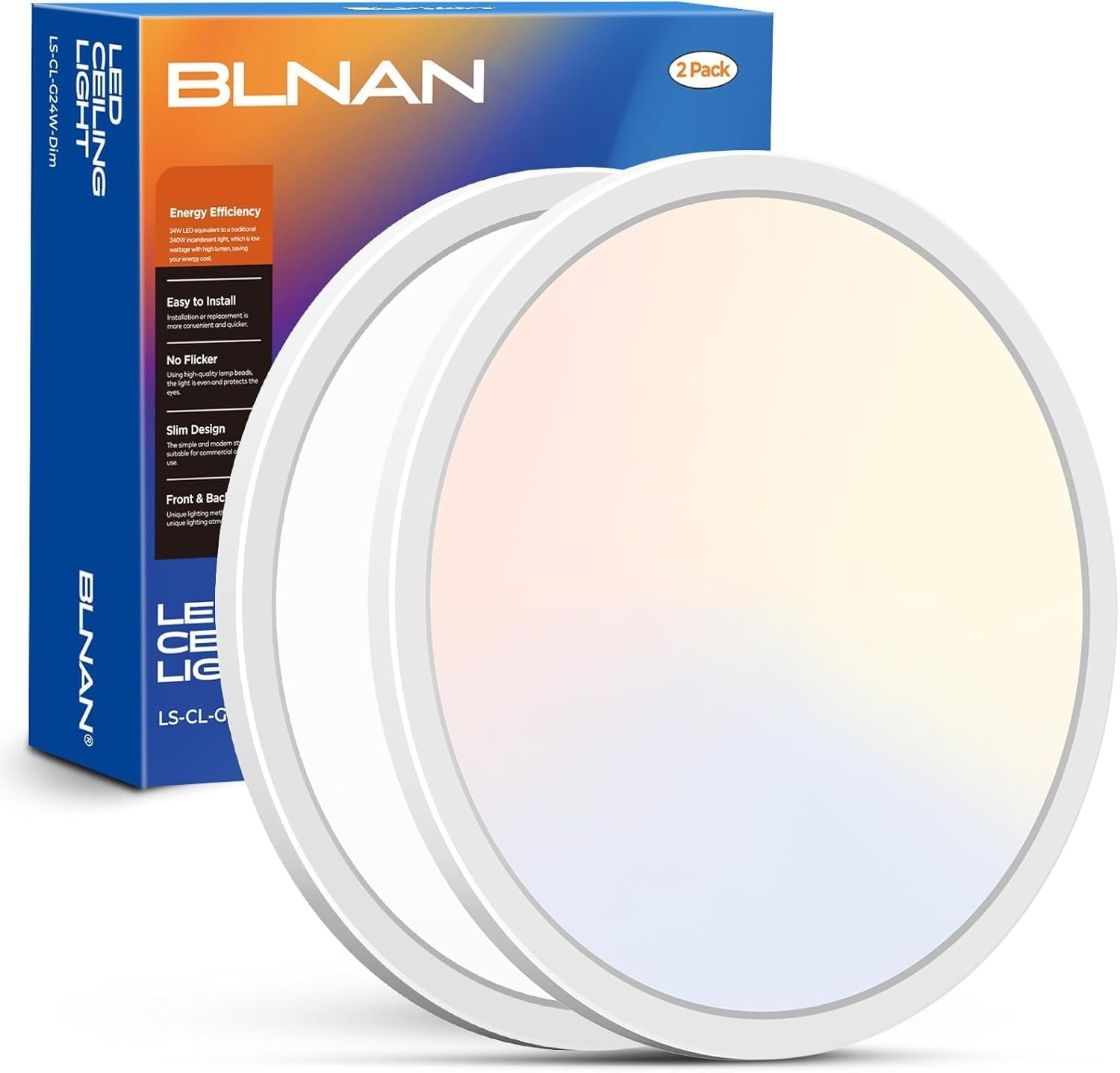 BLNAN 12'' LED Flush Mount Ceiling Light Fixture,24W 2400LM 3000K/4000K/5000K Ultra Thin Round White Lamp for Kitchen Porch Bedroom Hallway Stairwell Basement, Non-dimmable,2PCS