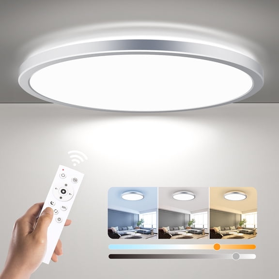 BLNAN 12'' LED Flush Mount Ceiling Light Fixture with Remote,24W 2400LM 3000K/4000K/5000K Ultra Thin Dimmable Round Lamp for Kitchen Porch Bedroom Hallway Stairwell Basement,Silvery