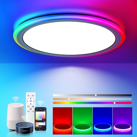 BLNAN 13" Smart RGB Flush Mount Light with Remote, 24W 3000K-6500K Dimmable LED Ceiling Lights, Compatible with Alexa Google Home, Bedroom Living Kids Room Party