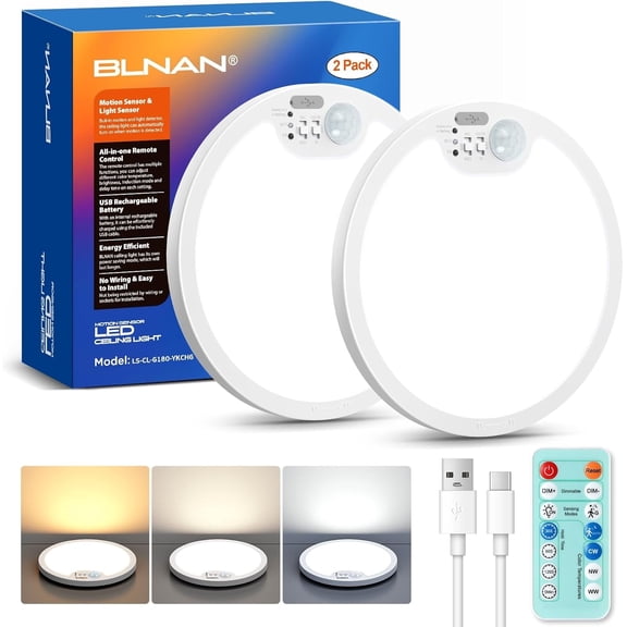 BLNAN Rechargeable Ceiling Light ,Magnetic Infrared sensor LED Ceiling Lights with Remote Wireless, 7.1" 3CCT Battery Operated Lights for Garage Closet Shower Stairs Shed Hallway Porch,Black,2PCS