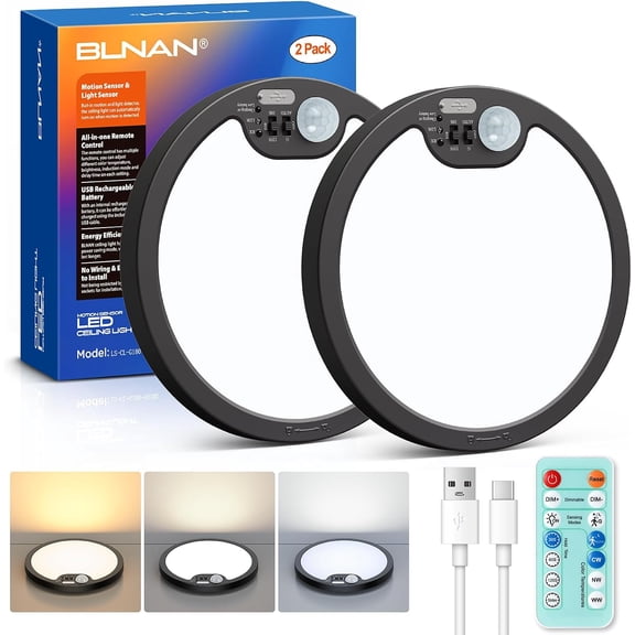 BLNAN Rechargeable Ceiling Light ,Magnetic Infrared sensor LED Ceiling Lights with Remote Wireless, 7.1" 3CCT Battery Operated Lights for Garage Closet Shower Stairs Shed Hallway Porch,Black,2PCS
