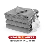Sunbeam Heated Electric Brushed Fleece Bed Blanket, Gray, Queen Size, 12 Heat Settings, 90 x 84 in