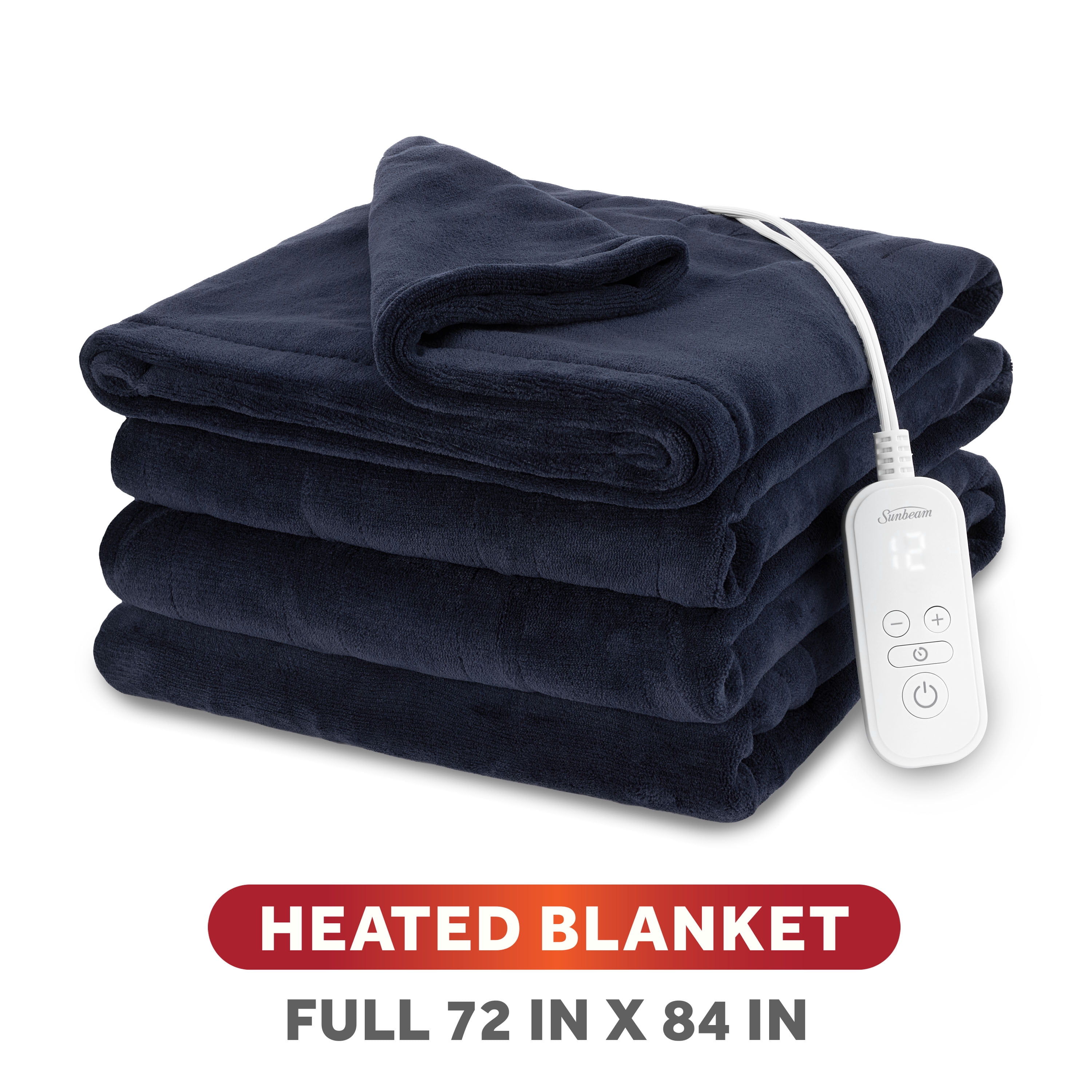 Sunbeam Heated Electric Microplush Bed Blanket, Poseidon Navy, Full Size, 12 Heat Settings, 72 x 84 in