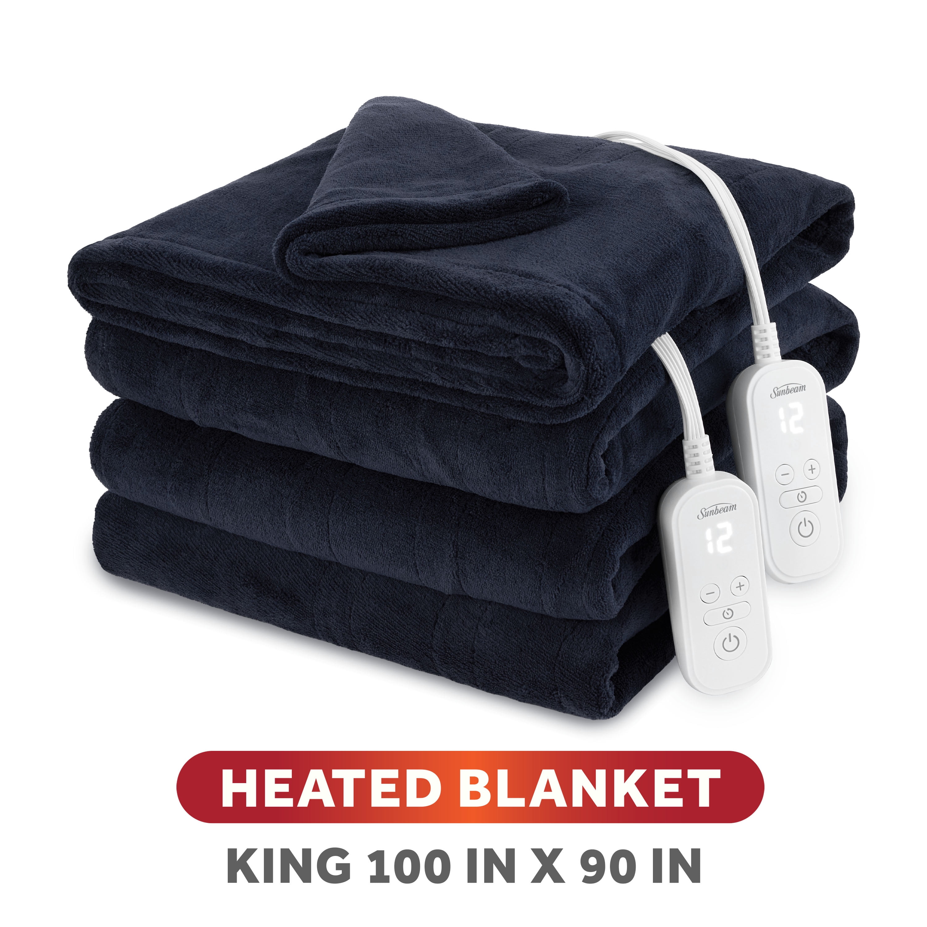 Sunbeam Heated Electric Microplush Bed Blanket, Poseidon Navy, King Size, 12 Heat Settings, 90 x 100 in