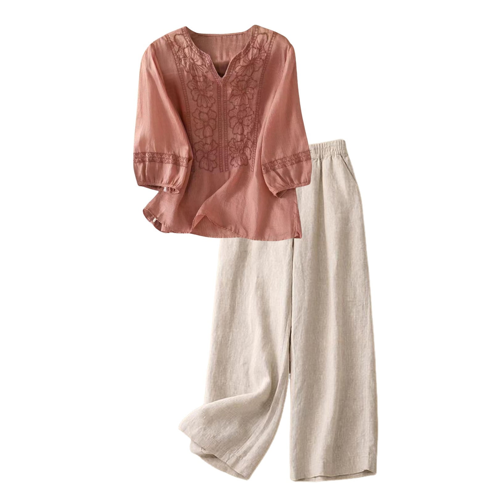 BLOCLOALO 2 Piece Embroidered Cotton Linen Sets for Women 3/4 Sleeve ...