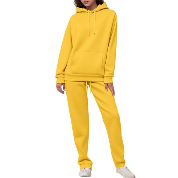 BLOCLOALO 2 Piece Lounge Hoodie Sweatsuit Sets Plus Size Fall Fashion Airport Travel Pants Tracksuits Casual Outfits Matching Sets Women Clothing Yellow Xxl