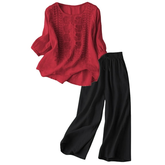 BLOCLOALO 2 Piece Lounge Set 3/4 Sleeve Tops Linen Cotton Set Casual Loose Fit Outfit with Top and Pants Breathable Comfortable Beach Embroidered Tops Floral Printted Tops Classy Lounge Sets Red L