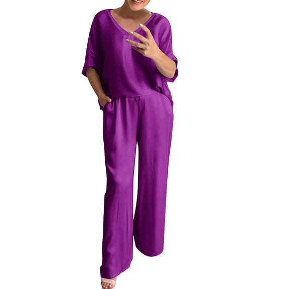 BLOCLOALO 2 Piece Lounge Set 3/4 Sleeve Tops Outfits Short Sleeve V Neck Tops and Wide Leg Pants Sets Loungewear Casual Summers V Neck Blouses Oversized Lounge Sets Soft Lounge Sets for Women Purple S