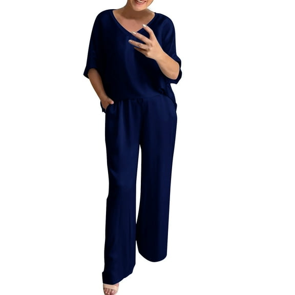 BLOCLOALO 2 Piece Lounge Set 3/4 Sleeve Tops Outfits Short Sleeve V Neck Tops and Wide Leg Pants Sets Loungewear Casual Summers V Neck Blouses Oversized Lounge Sets Soft Lounge Sets Dark Blue M