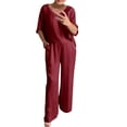 thumbnail image 1 of BLOCLOALO 2 Piece Lounge Set 3/4 Sleeve Tops Outfits Short Sleeve V Neck Tops and Wide Leg Pants Sets Loungewear Casual Summers V Neck Blouses Oversized Lounge Sets Soft Lounge Sets for Women Wine L, 1 of 5