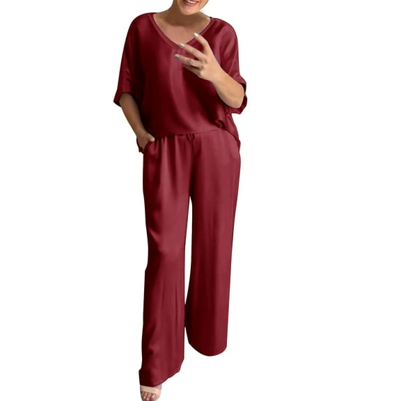 BLOCLOALO 2 Piece Lounge Set 3/4 Sleeve Tops Outfits Short Sleeve V Neck Tops and Wide Leg Pants Sets Loungewear Casual Summers V Neck Blouses Oversized Lounge Sets Soft Lounge Sets for Women Wine S