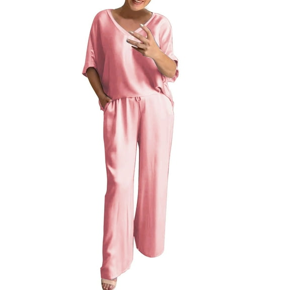 BLOCLOALO 2 Piece Lounge Set 3/4 Sleeve Tops Outfits Short Sleeve V Neck Tops and Wide Leg Pants Sets Loungewear Casual Summers V Neck Blouses Oversized Lounge Sets Soft Lounge Sets for Women Pink S