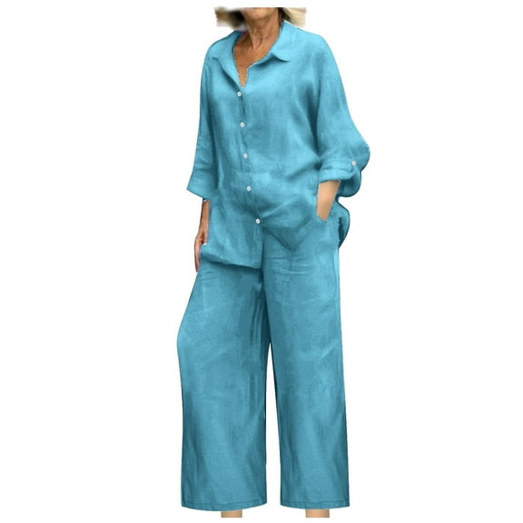 BLOCLOALO 2 Piece Lounge Set Long Sleeve Collared Shirts Linen Summer Loose Wide Leg Pant Matching Set Plus Size Outfits Button Down Shirts Trendy Business Sets Comfortable Lounge Sets Bu1 S