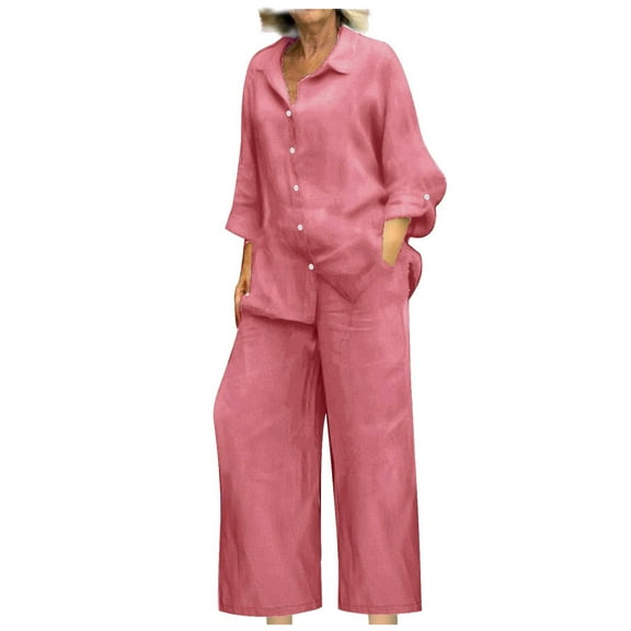 BLOCLOALO 2 Piece Lounge Set Long Sleeve Collared Shirts Linen Summer Loose Wide Leg Pant Matching Set Plus Size Outfits Button Down Shirts Trendy Business Sets Comfortable Lounge Sets Pink M