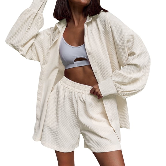 BLOCLOALO 2 Piece Lounge Set Long Sleeve Collared Shirts Solid Color Casual Loose Shirt Cotton Pants Set Button Down Shirts Short Matching Sets Women Clothing Classy Lounge Sets Beige S