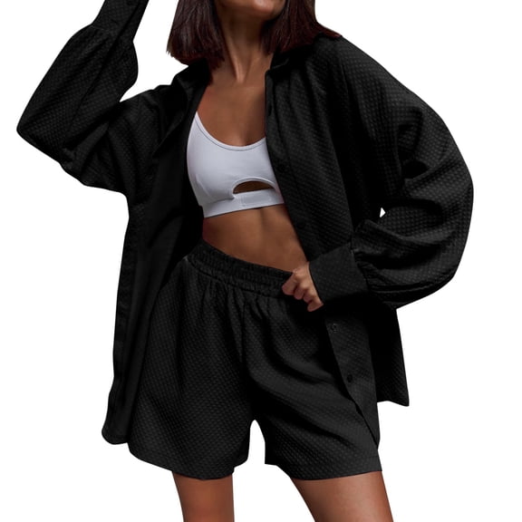 BLOCLOALO 2 Piece Lounge Set Long Sleeve Collared Shirts Solid Color Casual Loose Shirt Cotton Pants Set Button Down Shirts Short Matching Sets Women Clothing Classy Lounge Sets Black S