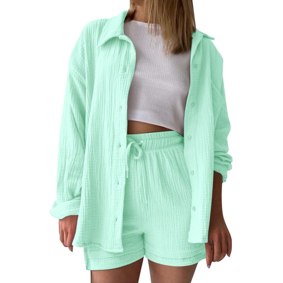 BLOCLOALO 2 Piece Lounge Set Long Sleeve Collared Shirts Solid Color Wrinkle Shirt High Waist Shorts Large Size Fashion Casual Suit Button Down Shirts Short Matching Sets Comfy Lounge Sets Sky Blue M