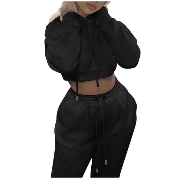 BLOCLOALO 2 Piece Lounge Set Long Sleeve Fleece Pullover Hoodie Sweatshirts Fashion Outfits Casual Sports Set Sweatsuits Sweatpants and Sweatshirt Set Plus Size Workout Sets Soft Lounge Set Black L