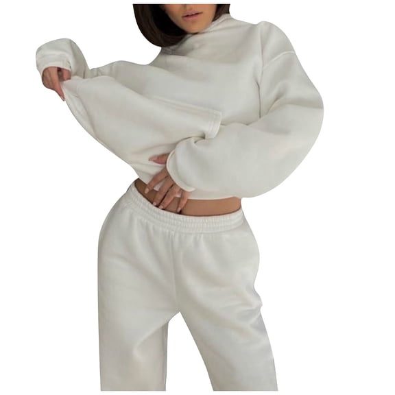 BLOCLOALO 2 Piece Lounge Set Long Sleeve Pullover Hoodie Sweatshirts Casual Solid Color Trousers Sweatershirt Sports Suit Sweatpants and Sweatshirt Set Plus Size Workout Sets Comfortable Sets White L