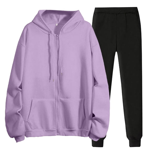 BLOCLOALO 2 Piece Lounge Set Long Sleeve Pullover Hoodie Sweatshirts Solid Color Hooded Zipper Plus Sweatshirt Trousers Jogger Sets Sweatpants and Sweatshirt Set Comfy Lounge Sets Purple L