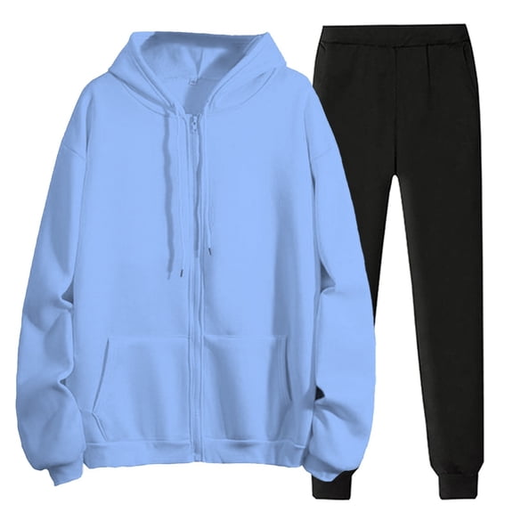 BLOCLOALO 2 Piece Lounge Set Long Sleeve Pullover Hoodie Sweatshirts Solid Color Hooded Zipper Plus Sweatshirt Trousers Jogger Sets Sweatpants and Sweatshirt Set Comfy Lounge Sets Light Blue M