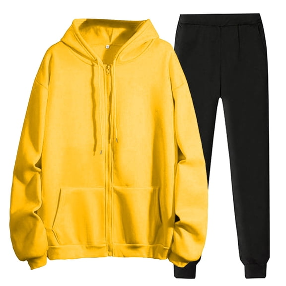 BLOCLOALO 2 Piece Lounge Set Long Sleeve Pullover Hoodie Sweatshirts Solid Color Hooded Zipper Plus Sweatshirt Trousers Jogger Sets Sweatpants and Sweatshirt Set Comfy Lounge Sets Yellow Xxl
