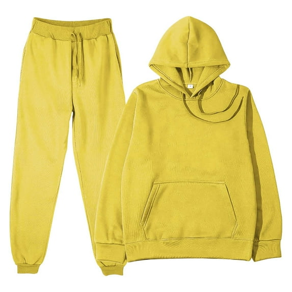 BLOCLOALO 2 Piece Lounge Set Long Sleeve Pullover Hoodie Sweatshirts Solid Color Sweater Casual Suit Sportswear Long Sleeved Trousers Two Set Jogger Sets Drawstring Pants Comfortable Sets Yellow Xl