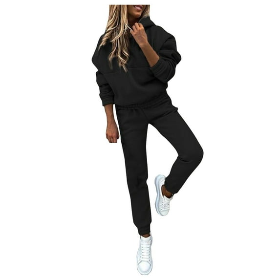 BLOCLOALO 2 Piece Lounge Set Long Sleeve Pullover Hoodie Sweatshirts Women's Hooded Soild Casual Sport Trouser Suit Sweatpants and Sweatshirt Set Plus Size Workout Sets Soft Lounge Sets Black L