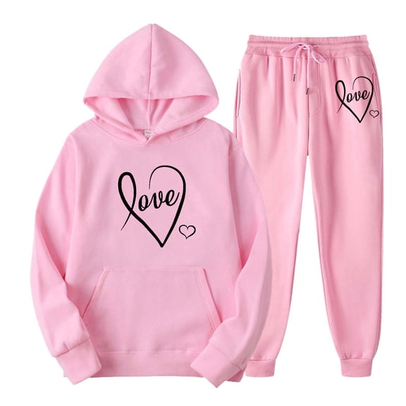 BLOCLOALO 2 Piece Lounge Set Long Sleeve Pullover Hoodie Sweatshirts Women's Outfits Casual Long Sleeve Pullover Hooded Sets Jogger Sets Graphic Hoodies Trendy Lounge Sets for Women Pink Xxl