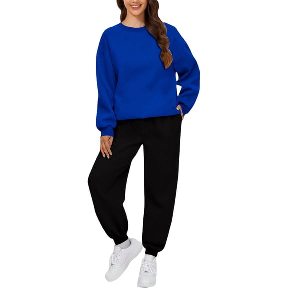 BLOCLOALO 2 Piece Lounge Set Long Sleeve Pullover Sweatshirts Autumn Winter Solid Color Long Pants Sports Suit Pullover Crewneck Sweaters Sweatpants and Sweatshirt Set Womens Lounge Outfit Blue L