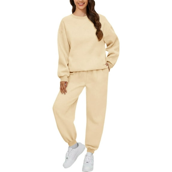 BLOCLOALO 2 Piece Lounge Set Long Sleeve Pullover Sweatshirts Autumn Winter Solid Color Long Pants Sports Suit Pullover Crewneck Sweaters Sweatpants and Sweatshirt Set Womens Lounge Outfit Beige L