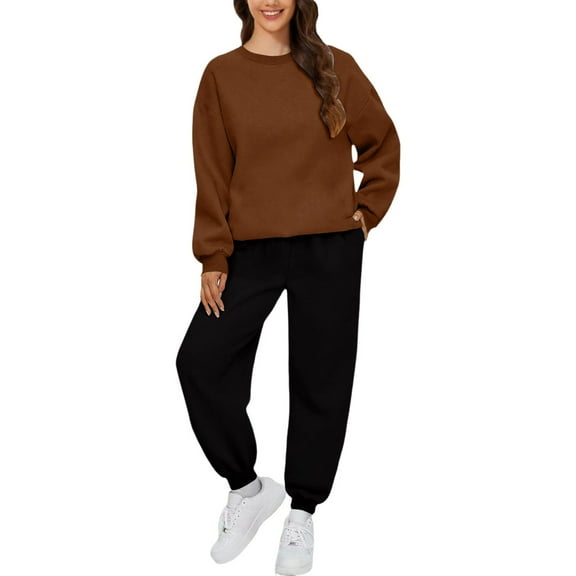 BLOCLOALO 2 Piece Lounge Set Long Sleeve Pullover Sweatshirts Autumn Winter Solid Color Long Pants Sports Suit Pullover Crewneck Sweaters Sweatpants and Sweatshirt Set Womens Lounge Outfit Coffee S