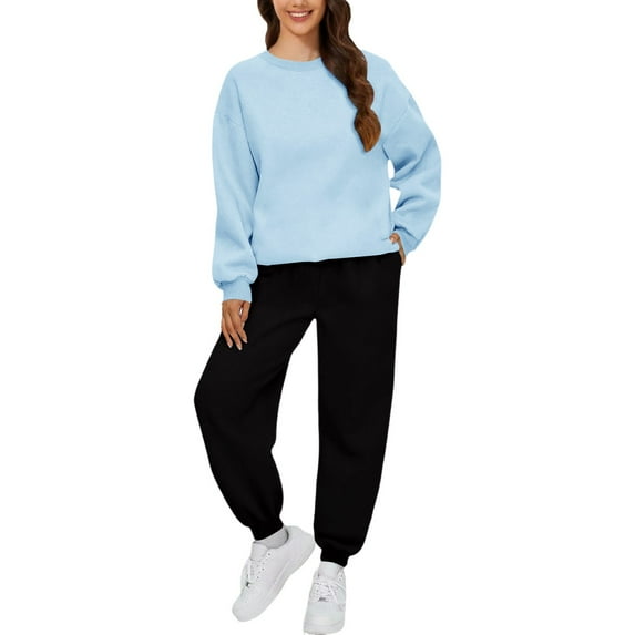BLOCLOALO 2 Piece Lounge Set Long Sleeve Pullover Sweatshirts Autumn Winter Solid Color Long Pants Sports Suit Pullover Crewneck Sweaters Sweatpants and Sweatshirt Set Lounge Outfit Light Blue S
