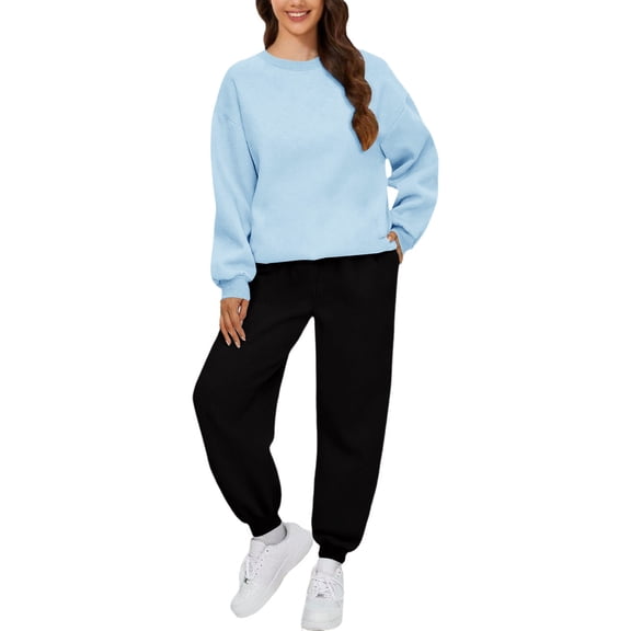BLOCLOALO 2 Piece Lounge Set Long Sleeve Pullover Sweatshirts Autumn Winter Solid Color Long Pants Sports Suit Pullover Crewneck Sweaters Sweatpants and Sweatshirt Set Lounge Outfit Light Blue Xxl