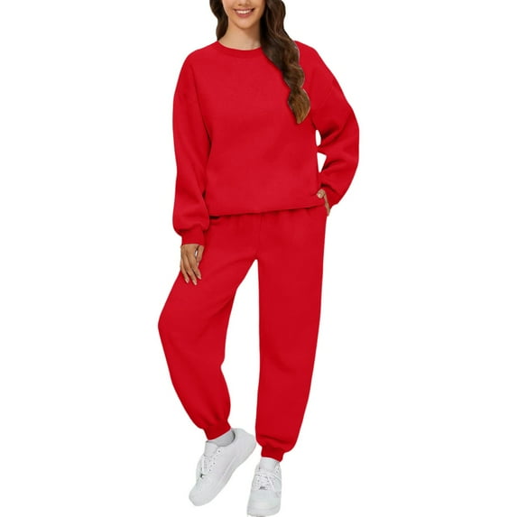 BLOCLOALO 2 Piece Lounge Set Long Sleeve Pullover Sweatshirts Autumn Winter Solid Color Long Pants Sports Suit Pullover Crewneck Sweaters Sweatpants and Sweatshirt Set Womens Lounge Outfit Red L