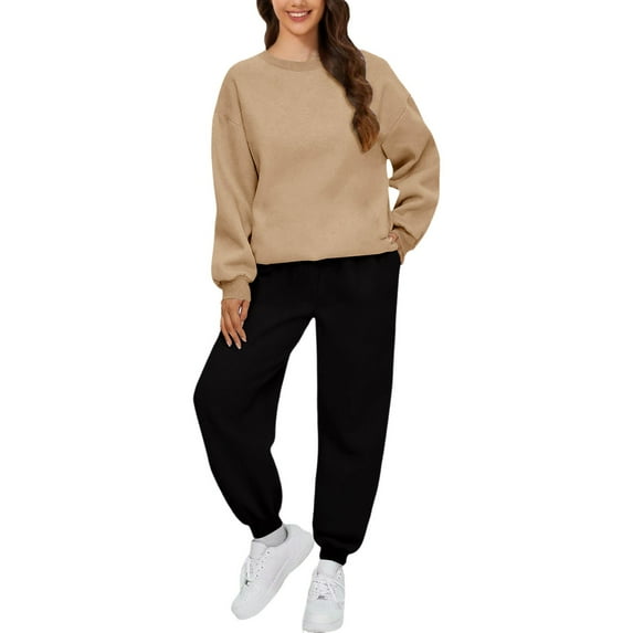 BLOCLOALO 2 Piece Lounge Set Long Sleeve Pullover Sweatshirts Autumn Winter Solid Color Long Pants Sports Suit Pullover Crewneck Sweaters Sweatpants and Sweatshirt Set Womens Lounge Outfit Khaki 3Xl
