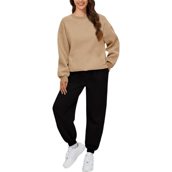 BLOCLOALO 2 Piece Lounge Set Long Sleeve Pullover Sweatshirts Autumn Winter Solid Color Long Pants Sports Suit Pullover Crewneck Sweaters Sweatpants and Sweatshirt Set Womens Lounge Outfit Khaki 3Xl