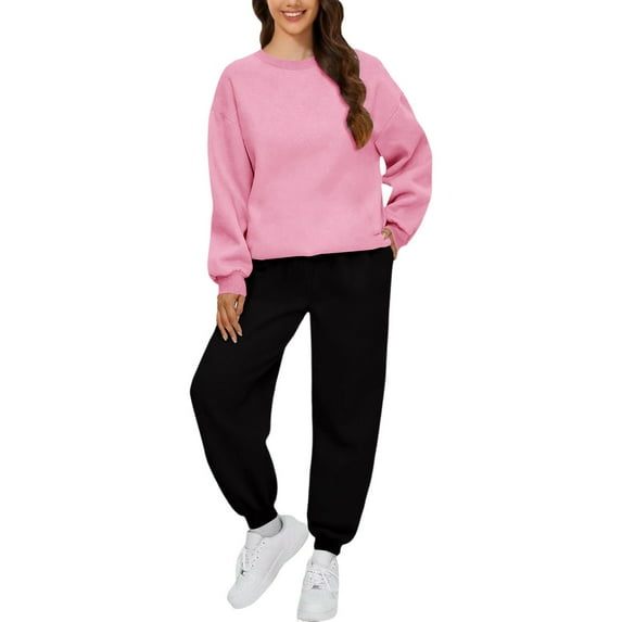 BLOCLOALO 2 Piece Lounge Set Long Sleeve Pullover Sweatshirts Fashionable Casual Solid Color Sweatshirt Pants Suit Pullover Crewneck Sweaters Sweatpants and Sweatshirt Set Soft Lounge Sets Pink 3Xl