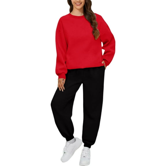 BLOCLOALO 2 Piece Lounge Set Long Sleeve Pullover Sweatshirts Fashionable Casual Solid Color Sweatshirt and Pants Suit Pullover Crewneck Sweaters Sweatpants and Sweatshirt Set Soft Lounge Sets Red Xxl