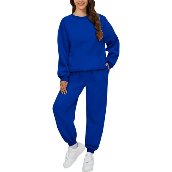 BLOCLOALO 2 Piece Lounge Set Long Sleeve Pullover Sweatshirts Fashionable Casual Solid Color Sweatshirt and Pants Suit Pullover Crewneck Sweaters Sweatpants and Sweatshirt Set Soft Lounge Sets Blue L