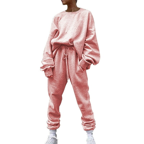 BLOCLOALO 2 Piece Lounge Set Long Sleeve Pullover Sweatshirts Solid Color Sweater Casual Suit Sportswear Trousers Sweatpants and Sweatshirt Set Pullover Crewneck Sweaters Comfortable Sets Pink M