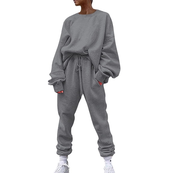 BLOCLOALO 2 Piece Lounge Set Long Sleeve Pullover Sweatshirts Solid Color Sweater Casual Suit Sportswear Trousers Sweatpants and Sweatshirt Set Pullover Crewneck Sweaters Comfortable Sets Grey L