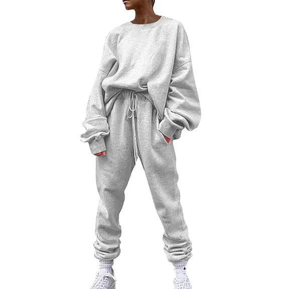 BLOCLOALO 2 Piece Lounge Set Long Sleeve Pullover Sweatshirts Solid Color Sweater Casual Suit Sportswear Trousers Sweatpants and Sweatshirt Set Pullover Crewneck Sweaters Comfortable Sets White L