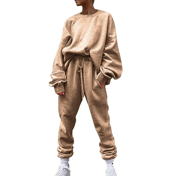 BLOCLOALO 2 Piece Lounge Set Long Sleeve Pullover Sweatshirts Solid Color Sweater Casual Suit Sportswear Trousers Sweatpants and Sweatshirt Set Pullover Crewneck Sweaters Comfortable Sets Khaki Xxl