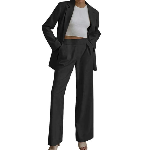 BLOCLOALO 2 Piece Lounge Set Long Sleeve Shirts Women's Fall Outfits Jacket and Wide Leg Pants Pockets Business Casual Suit Sets Womens Business Suits Trendy Business Sets Casual Lounge Sets Black M