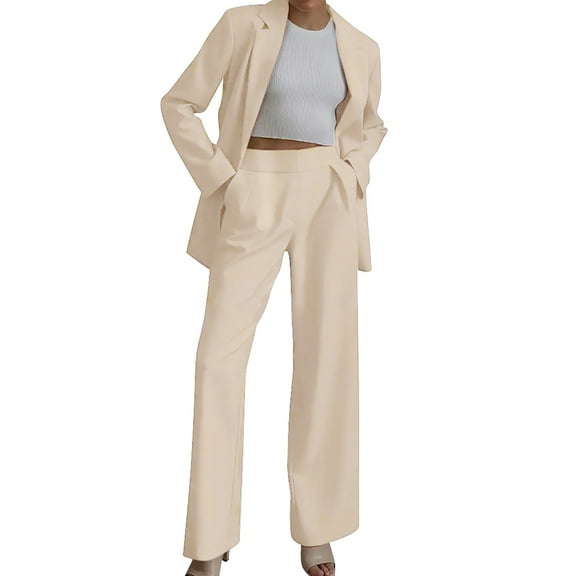 BLOCLOALO 2 Piece Lounge Set Long Sleeve Shirts Women's Fall Outfits Jacket and Wide Leg Pants Pockets Business Casual Suit Sets Womens Business Suits Trendy Business Sets Casual Lounge Sets Beige S