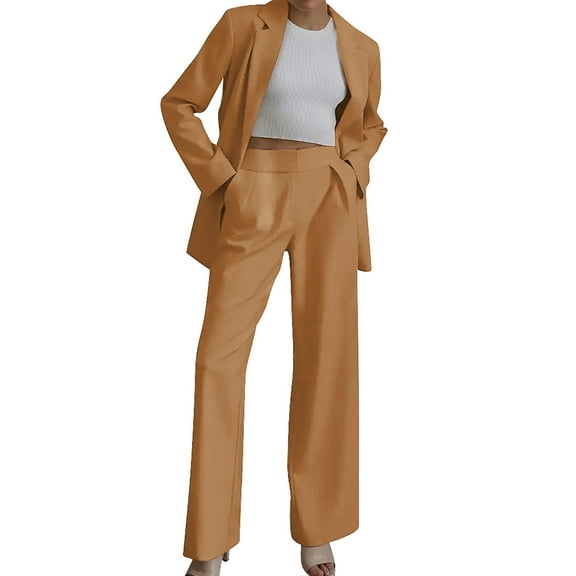 BLOCLOALO 2 Piece Lounge Set Long Sleeve Shirts Women's Fall Outfits Jacket and Wide Leg Pants Pockets Business Casual Suit Sets Womens Business Suits Trendy Business Sets Casual Lounge Sets Yellow S