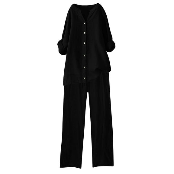 BLOCLOALO 2 Piece Lounge Set Long Sleeve Shirts Women's Solid Color Fashionable Casual Cotton and Linen Pocket Shirt Tie Up Long Pants Set V Neck Blouses Button Down Shirts Comfortable Sets Black S