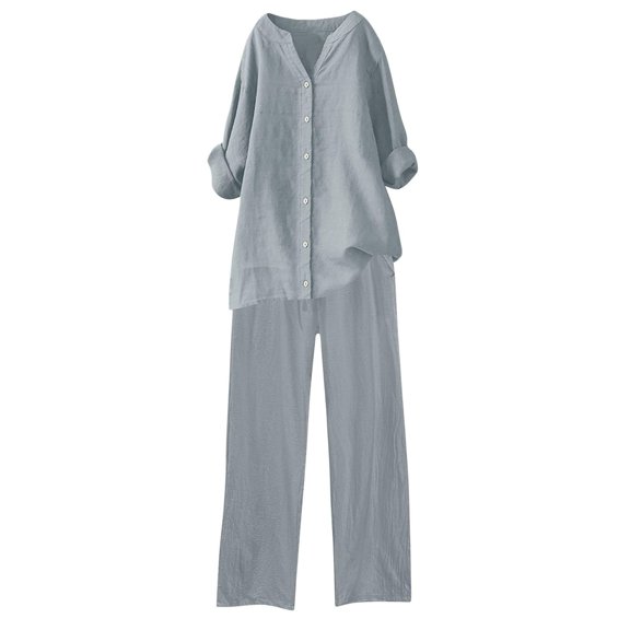 BLOCLOALO 2 Piece Lounge Set Long Sleeve Shirts Women's Solid Color Fashionable Casual Cotton and Linen Pocket Shirt Tie Up Long Pants Set V Neck Blouses Button Down Shirts Comfortable Sets Grey S