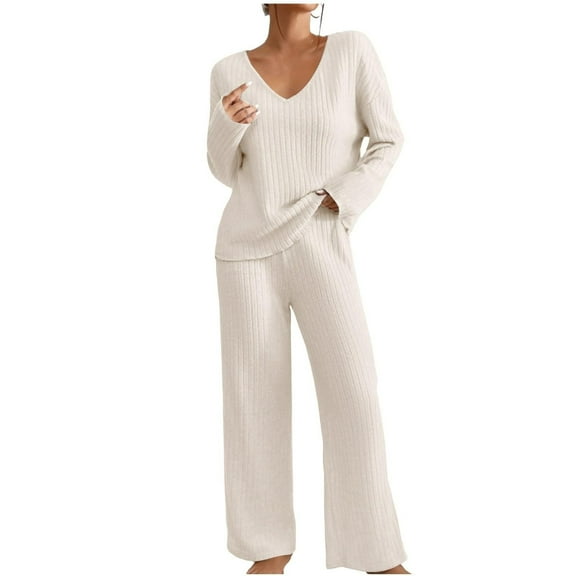 BLOCLOALO 2 Piece Lounge Set Long Sleeve Tops Sets Sweater Pajama Set Casual V Neck Tops Wide Leg Pants Cozy Sets Clothing V Neck Sweaters Trendy Business Sets Casual Lounge Sets Beige L